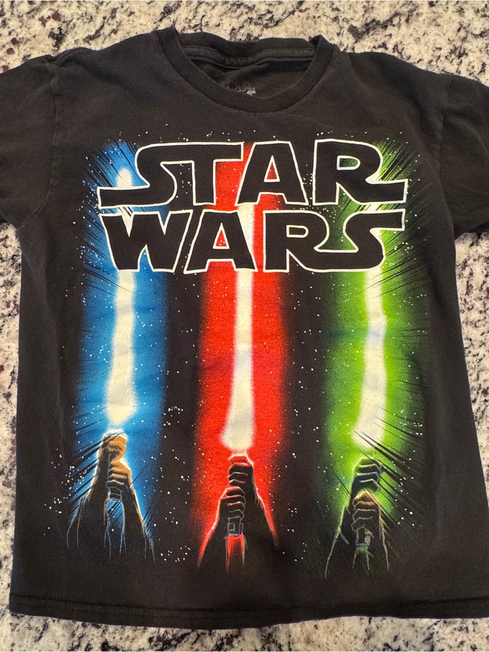 Star Wars Black Kids Tee with Blue, Red & Green Lightsabers